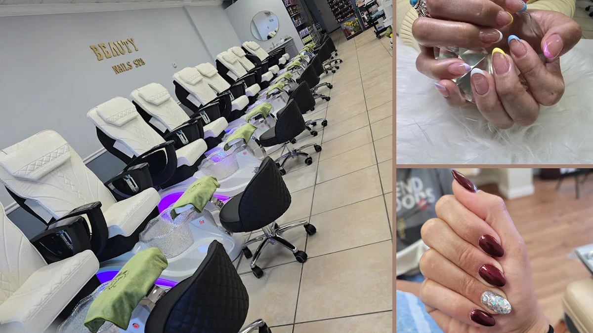 Manicured hands beside a bright color display.